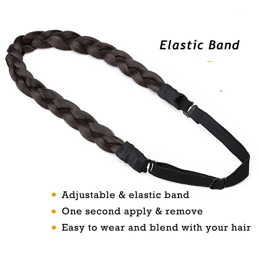 Synthetic Chunky Braided Headband - Elastic Stretch Wide Plaited Braids - Trendy Girls Women (Dark Brown, Small-three strands)