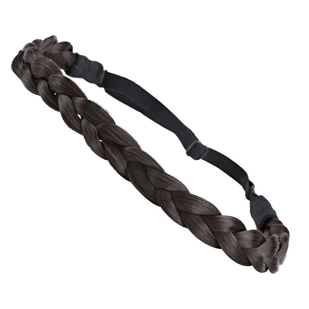 Synthetic Chunky Braided Headband - Elastic Stretch Wide Plaited Braids - Trendy Girls Women (Dark Brown, Small-three strands)
