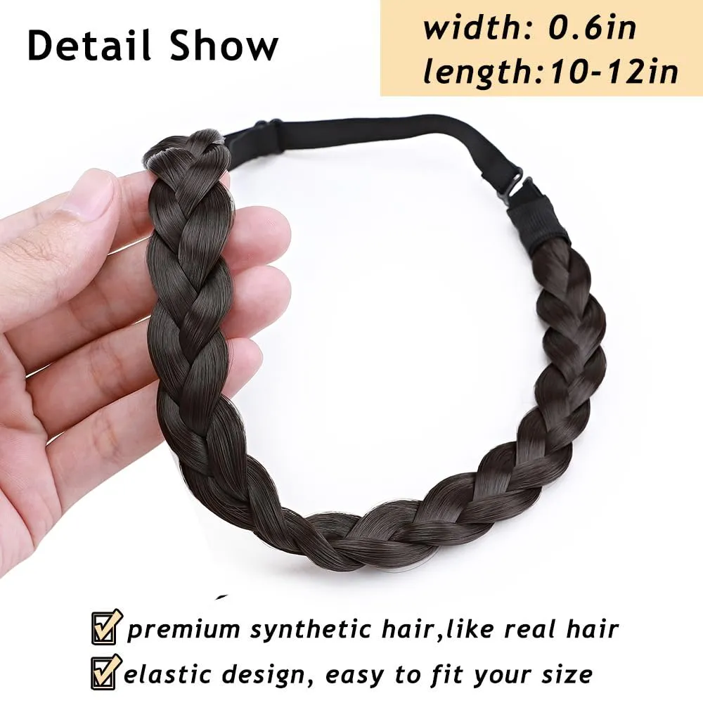 Synthetic Chunky Braided Headband - Elastic Stretch Wide Plaited Braids - Trendy Girls Women (Dark Brown, Small-three strands)