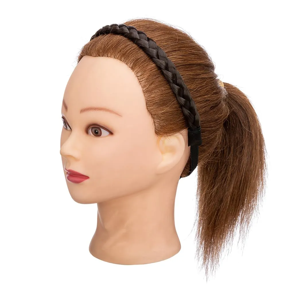 Synthetic Chunky Braided Headband - Elastic Stretch Wide Plaited Braids - Trendy Girls Women (Dark Brown, Small-three strands)