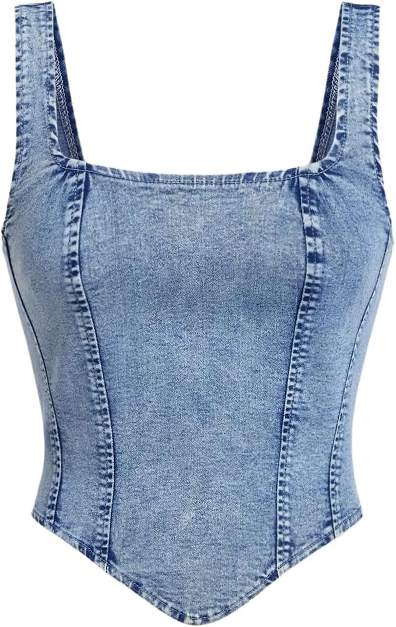 WDIRARA Women's Denim Corset Tank Top Asymmetrical Hem Crop Tops Sleeveless Zip Up Back Tanks