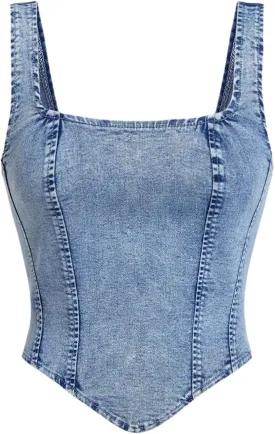 WDIRARA Women's Denim Corset Tank Top Asymmetrical Hem Crop Tops Sleeveless Zip Up Back Tanks