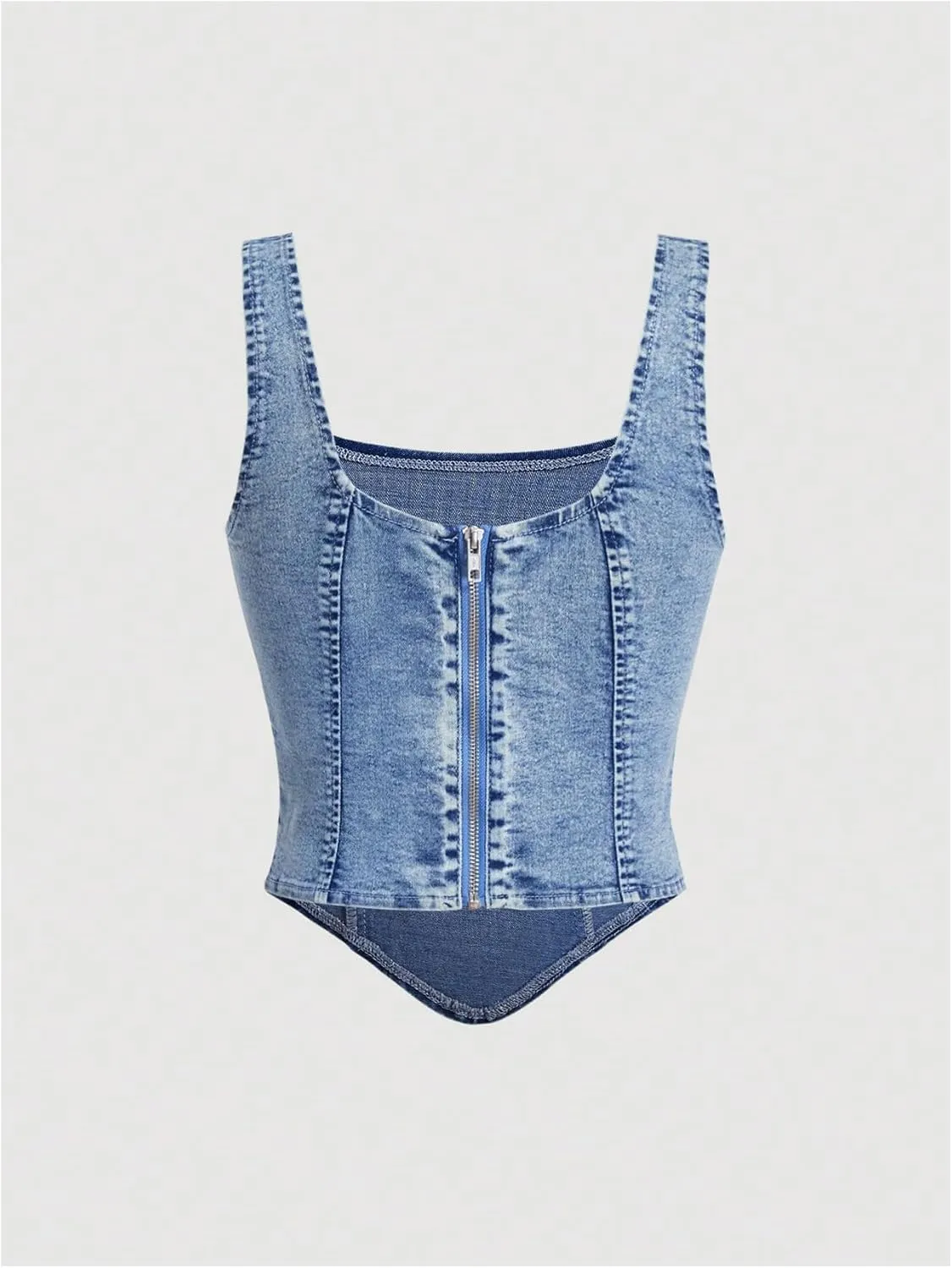 WDIRARA Women's Denim Corset Tank Top Asymmetrical Hem Crop Tops Sleeveless Zip Up Back Tanks