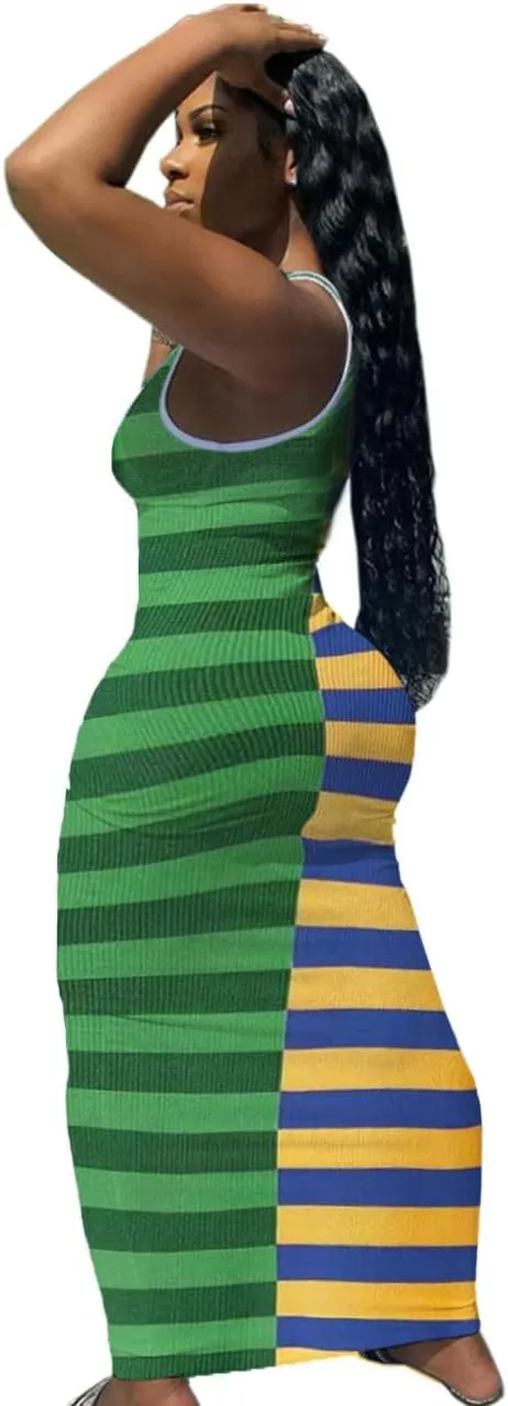 Women Bodycon Maxi Tank Dress, Sexy Deep U Neck Ribbed Solid Color Party Wrap Long Dresses