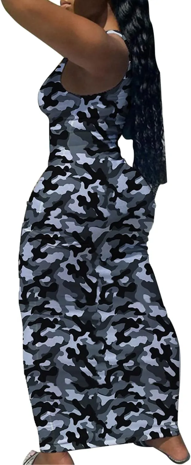 Women Bodycon Maxi Tank Dress, Sexy Deep U Neck Ribbed Solid Color Party Wrap Long Dresses