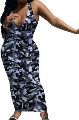 Women Bodycon Maxi Tank Dress, Sexy Deep U Neck Ribbed Solid Color Party Wrap Long Dresses
