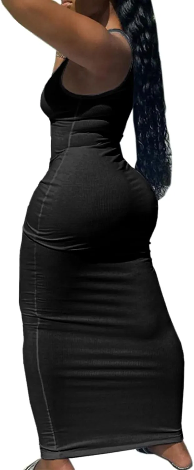 Women Bodycon Maxi Tank Dress, Sexy Deep U Neck Ribbed Solid Color Party Wrap Long Dresses