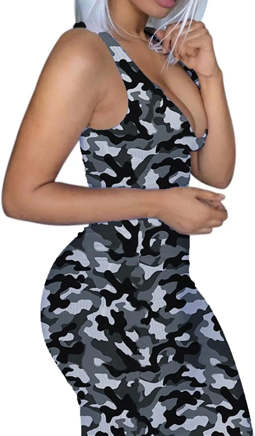 Women Bodycon Maxi Tank Dress, Sexy Deep U Neck Ribbed Solid Color Party Wrap Long Dresses
