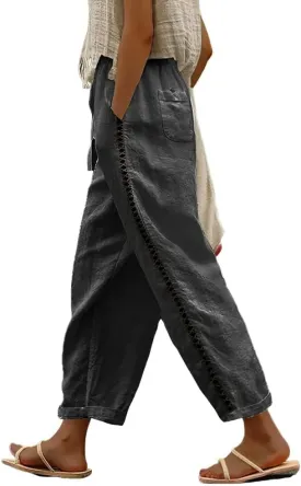 Womens Linen Pants Summer Plus Size Casual Cotton Linen Pants Drawstring Elastic Waist Cropped Trouser with Pockets