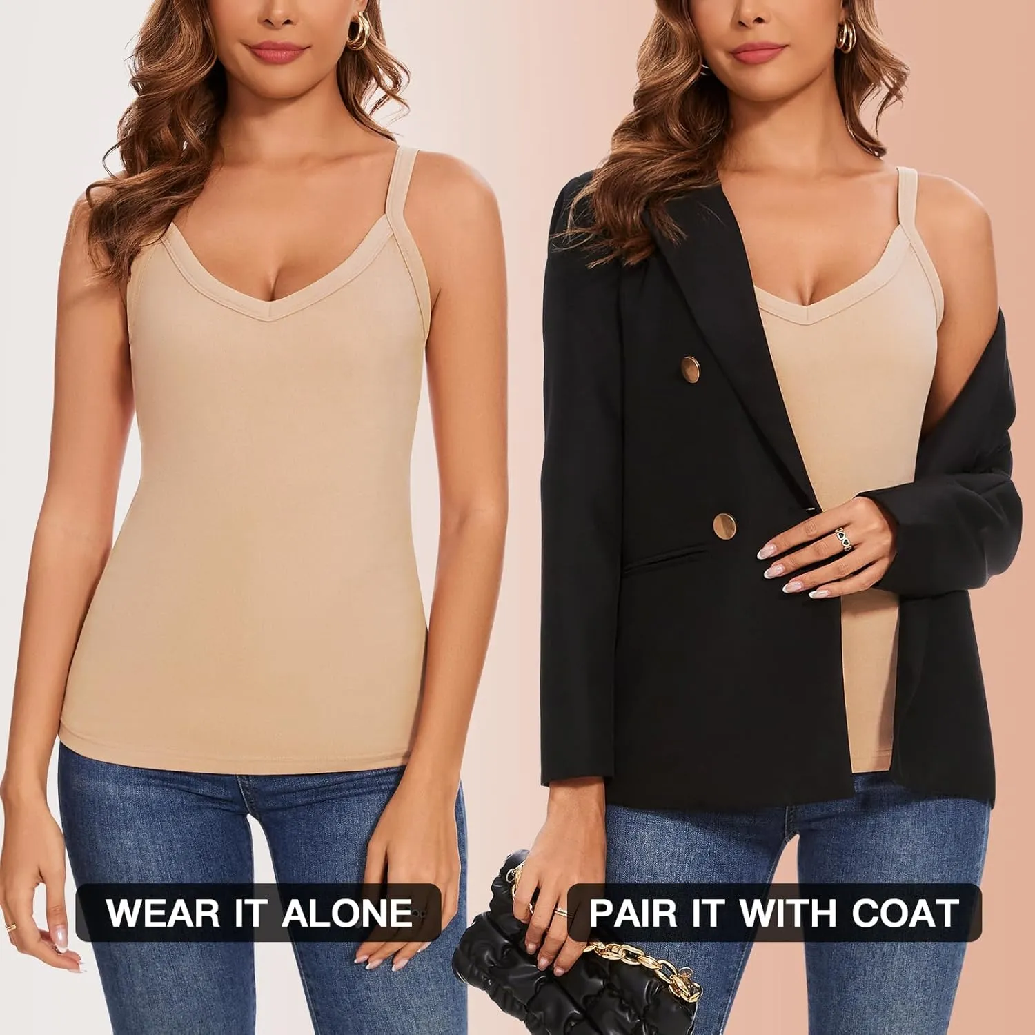 WOWENY Thermal Fleece Tank Top for Women V Neck Sleeveless Shirts Camisole Warm Base Layer Cami Vest Underwear Tops