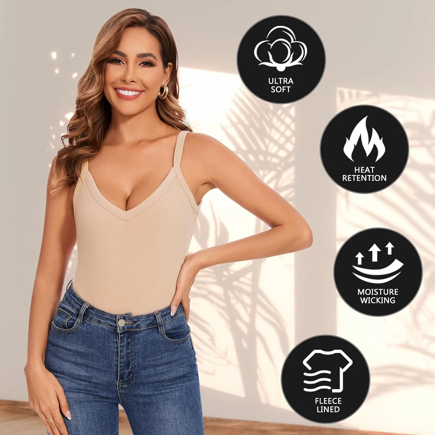 WOWENY Thermal Fleece Tank Top for Women V Neck Sleeveless Shirts Camisole Warm Base Layer Cami Vest Underwear Tops