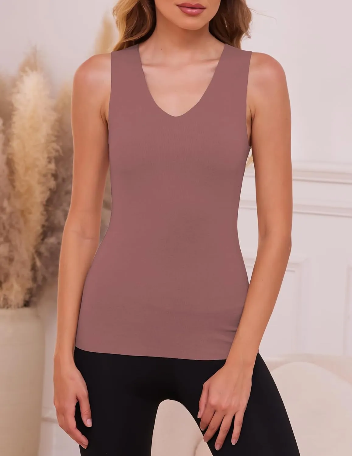 YYA V Neck Basic Tank Tops for Women Thermal Vest Winter Warm Tank-Top Sleeveless Undershirts, S-XXL