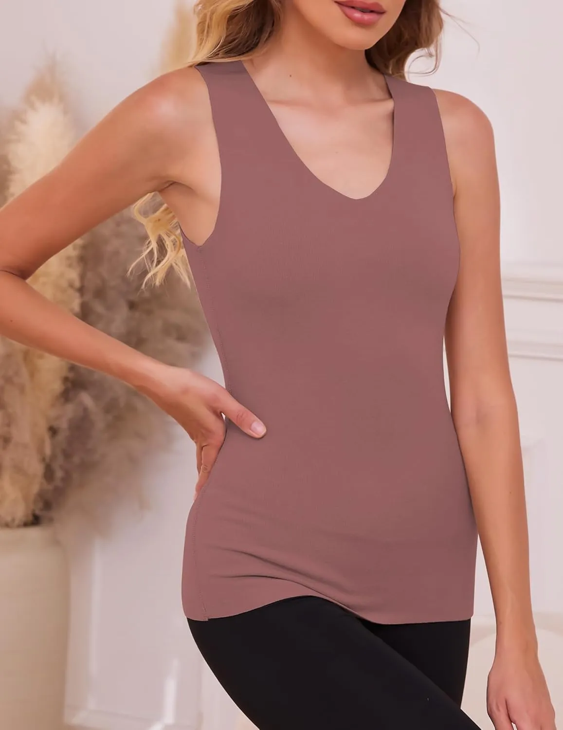 YYA V Neck Basic Tank Tops for Women Thermal Vest Winter Warm Tank-Top Sleeveless Undershirts, S-XXL